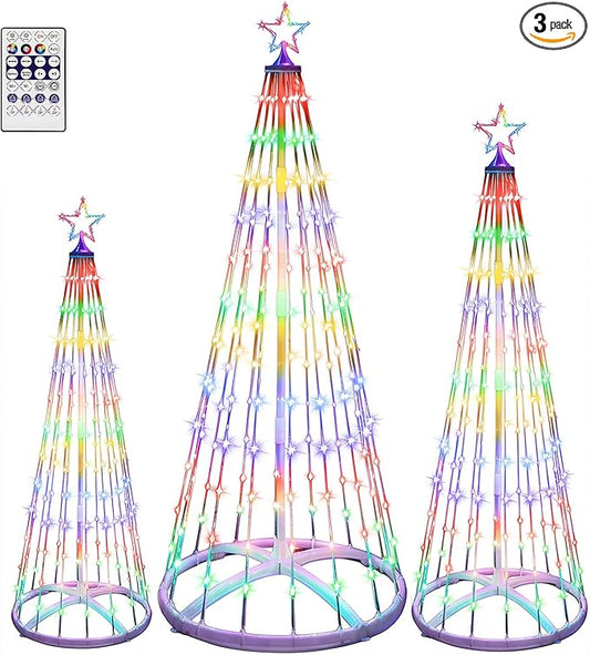 3 Pack 4/5/6ft Christmas LED Cone Tree Lights Outdoor Decorations 24 Modes Color Changing with Timer Foldable Lighted Yard Trees Waterproof String Lights Holiday for Christmas New Year Xmas