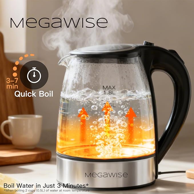 MegaWise Electric Kettle, 1.8L Borosilicate Glass Tea Kettle with LED Light, Auto Shut-Off and Boil-Dry Protection Cordless Kettle Fast Boiling