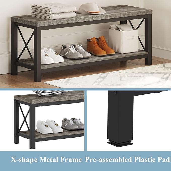 BON AUGURE Entryway Bench, Wood Metal Shoe Rack Bench for Indoor, Industrial Storage Benches for Bedroom, Mudroom, Foyer (47 inch Wide, Dark Grey Oak)