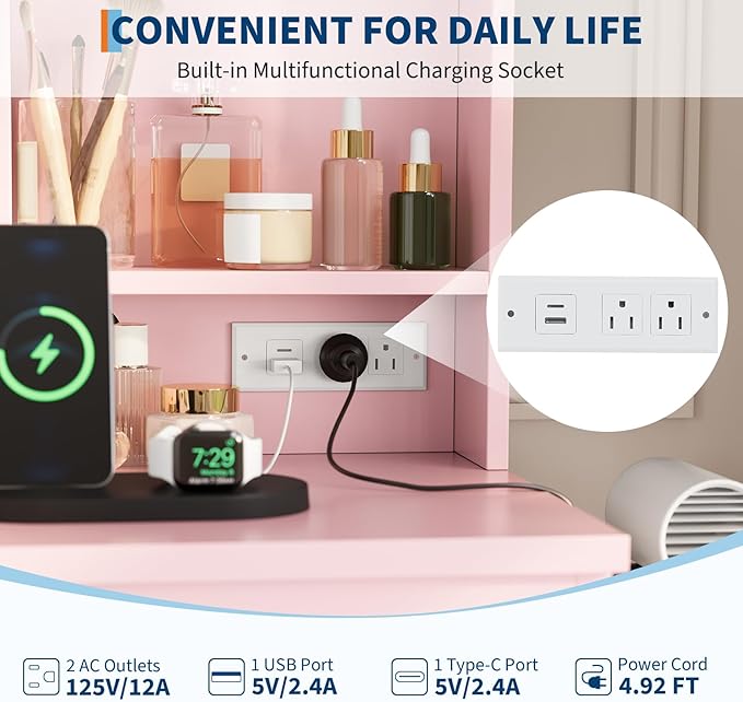 Vanity Desk with Mirror and LED Light, Vanity Desk with 4 Drawers, Power Outlet, Storage Stool, Storage Shelves & Hair Dryer Holder, Adjustable 3 Lighting Mode, Makeup Vanity Set for Bedroom, Pink