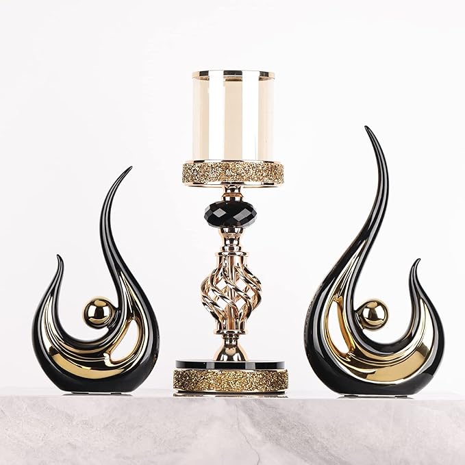 Black and Gold Home Decor, Abstract Ceramic Statue 2 Piece Set for Living Room Coffee Table Decor, Home Office, Room Decor, Table Decor