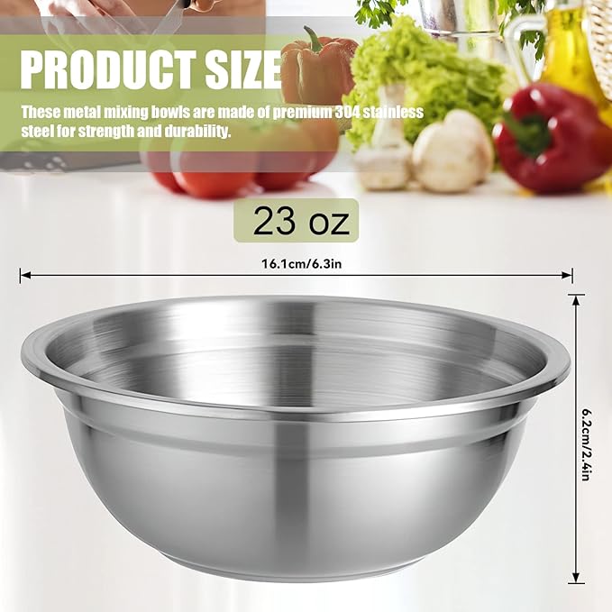304 Stainless Steel Mixing Bowl, 4pcs 23 Oz Stainless Steel Bowls, 6.3" Non-Slip Bottom Metal Bowl, Stainless Steel Mixing Bowls for Kitchen