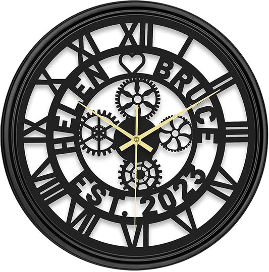 Personalized Name Metal Wall Clock, Custom Gear Hanging Clock with 7 Color Changing, Iron Art Clock, Hanging Decor for Bedroom, Living Room, Home, Office, Housewarming