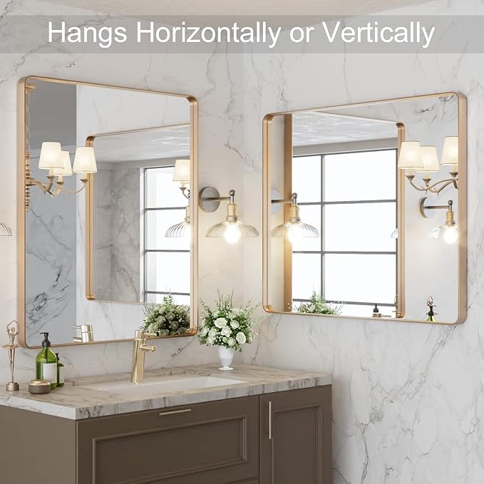 LOAAO 30”X36” Gold Bathroom Mirror, Rounded Rectangle Gold Frame Mirror, Brushed Gold Bathroom Vanity Mirror Wall-Mounted, Anti-Rust, Tempered Glass, Hangs Horizontally or Vertically