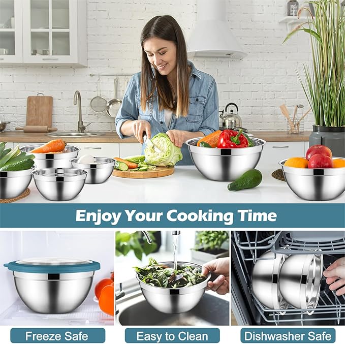 E-far Mixing Bowls Set of 7, Stainless Steel Mixing Bowls with Airtight Clear Lids, Metal Nesting Bowls for Kitchen Prep, Baking, Serving, Dishwasher Safe, Size 4.6, 3.5, 3, 2, 1.5, 1, 0.7QT, Blue