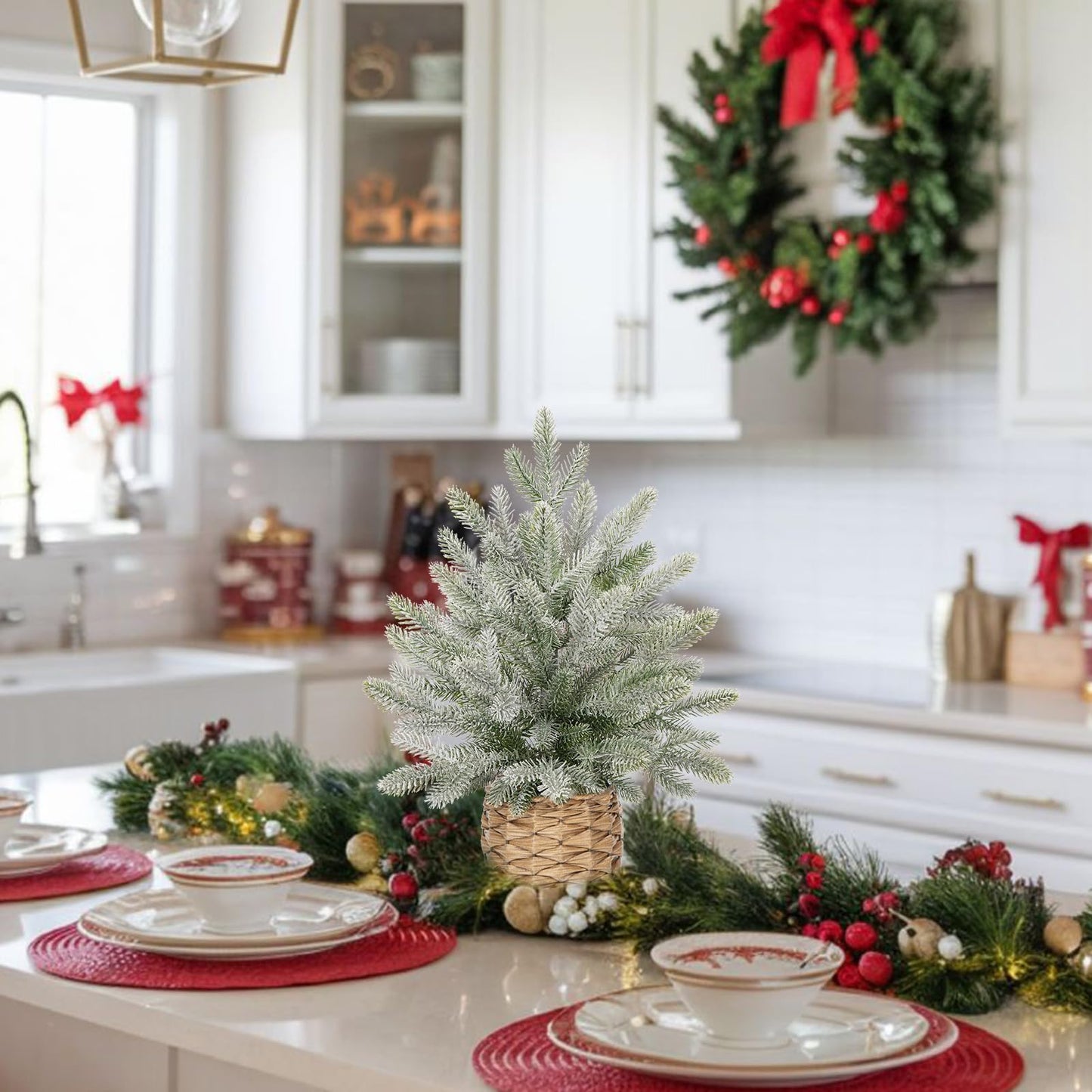 18" Christmas Centerpieces Small Christmas Tree Artifical Tabletop Christmas Tree Xmas Snow Frosted Fir Tree for Home Farmhouse Mantel Windowsill Desk Holiday Christmas Decorations