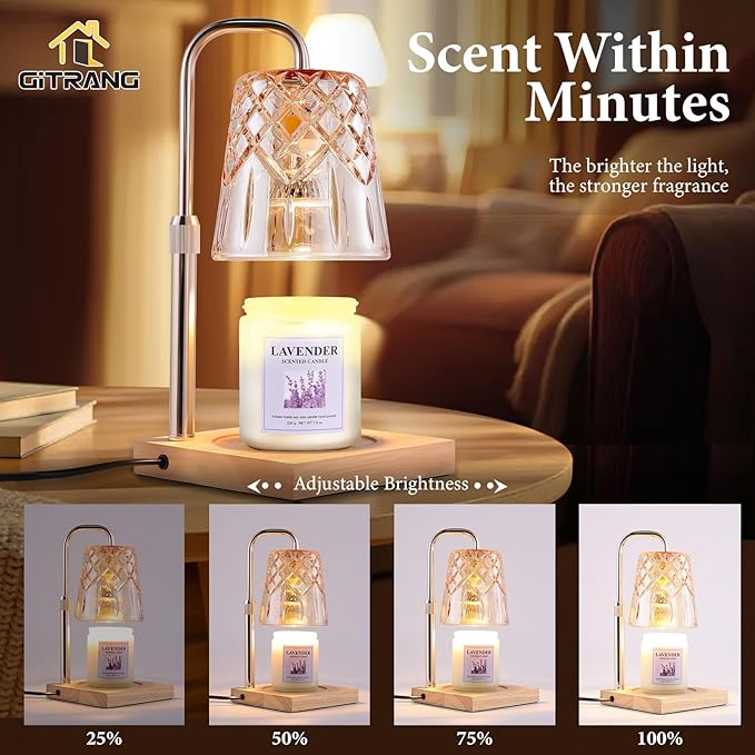 Candle Warming Lamp with Timer Dimmer, Adjustable Height Electric Wax Melt Warmer for Jar Candles with 3 Bulbs, Mother's Day Women's Home Decor Gift, Square Base with Champagne Color Pole