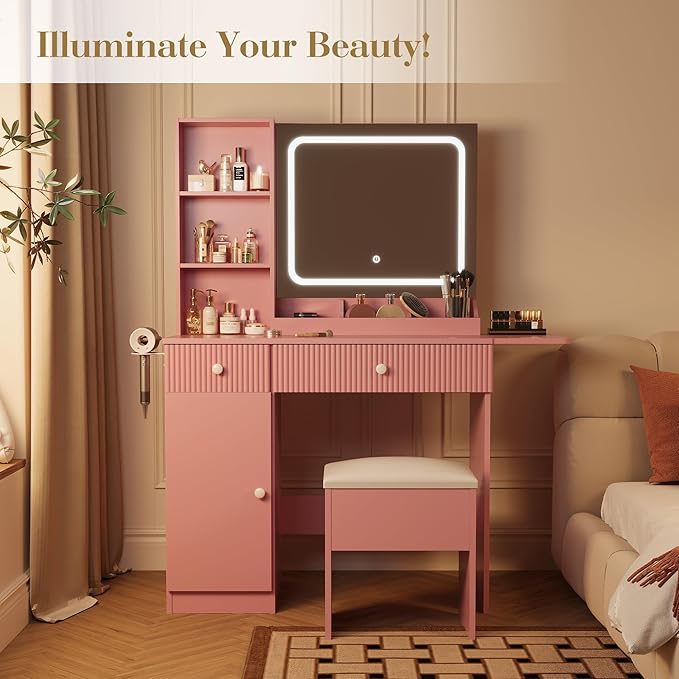 Vanity Desk with Mirror and Lights, Pink Makeup Vanity with Charging Station, Dressing Table Set with Storage Chair, Drawer Shelves, and Foldable Panel for Compact Space Bedroom, Pink