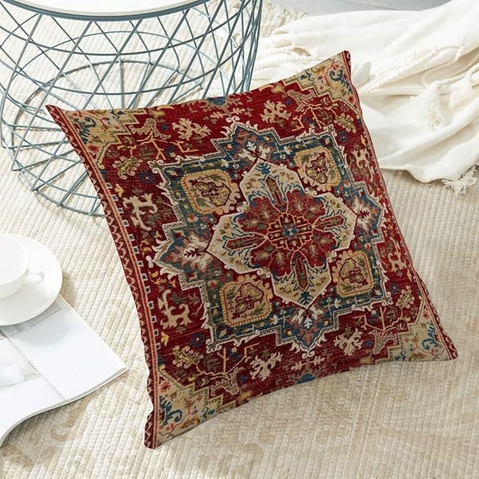 BETGINY Boho Pillow Covers 18 x 18 Inch Pack of 2, Burgundy Red Bohemian Rug Carpet Pattern Decorative Throw Pillow Cases Outdoor Linen Farmhouse Cushion Cover for Bedroom Home Sofa Decor