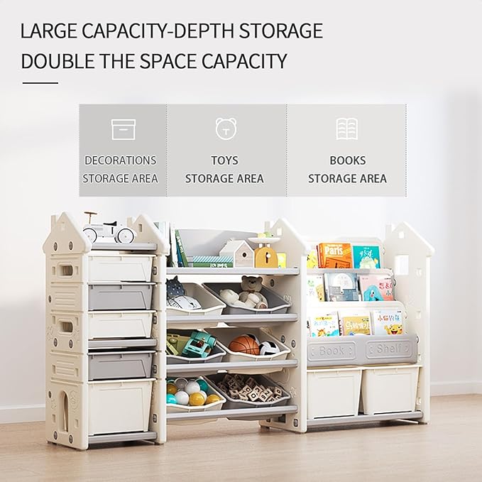 3 in 1 Kids Toy Storage Organizer with Bookshelf, Large Toddler Toy Storage Cabinet Box Bin for Living Room, Playroom/Classroom, Toy Shelf for Girl Boy