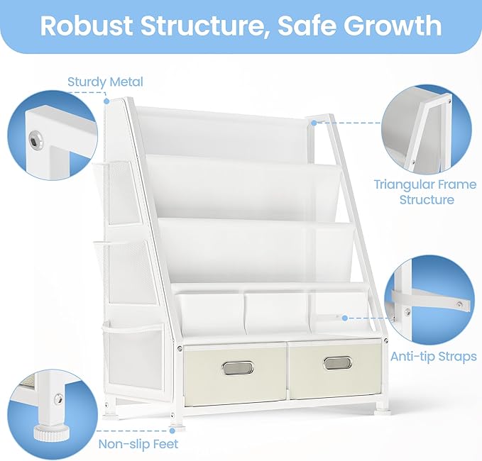 Kids Bookshelf and Toy Storage: Sling Book Shelf for Kids Room with 2 Storage Bins to Books and Toys Organizer, 3-Tier Toddler Bookshelf with 3 Side Pockets for Nursery, Bedroom, Playroom