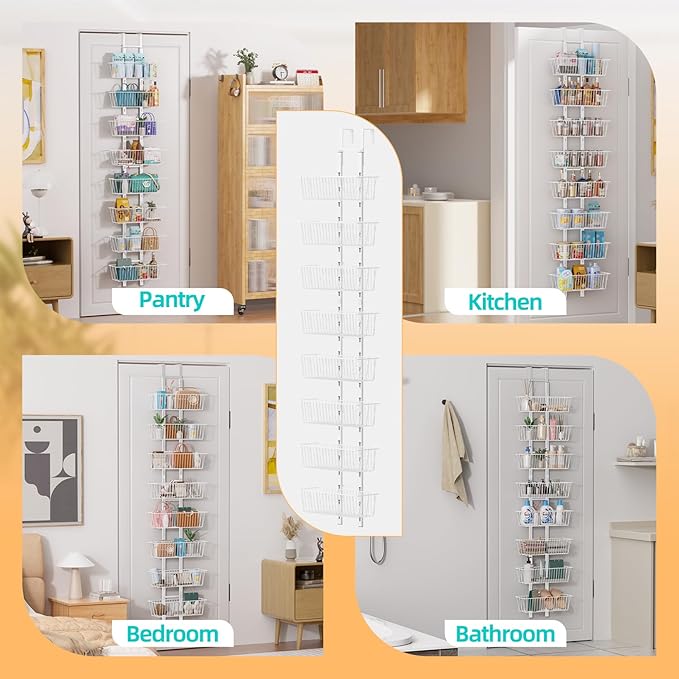 8-Tier Over Door Pantry Organizer with Mesh Baskets, Foldable Metal Hanging Spice Rack with 8 Baskets for Kitchen Organizers and Storage, for Home & Kitchen Laundry Room Bathroom Essentials, White