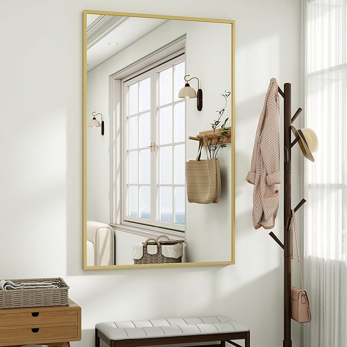 HARRITPURE 48"x30" Framed Bathroom Mirror for Wall Rectangle Mirror Aluminum Alloy Frame Wall-Mounted for Farmhouse Entryway Bedroom Living Room Gold