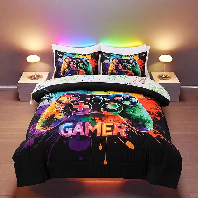 NTBED Game Console Comforter Set for Boys Girls Kids Tie Dye Gaming Lightweight Microfiber Gamer Bedding Sets (Multi, Twin 5Pcs)