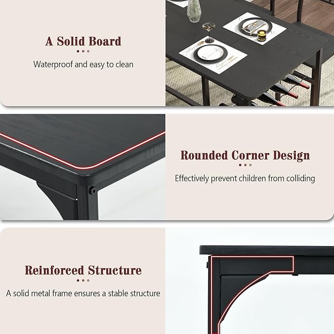4 EVER WINNER Dining Table Set for 4, 55" Kitchen Table Chairs with 2 Chairs and Bench, 4 Piece Dining Room Table Set with Wine Rack & Wine Glasses Holder for Small Space, Black