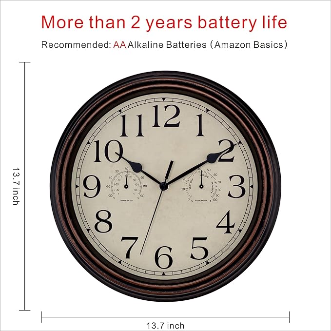 Foxtop Indoor Outdoor Waterproof Wall Clock with Thermometer and Hygrometer Combo, 14 Inch Retro Silent Non-Ticking Battery Operated Quartz Round Outdoor Clocks for Patio Home Office (Bronze)