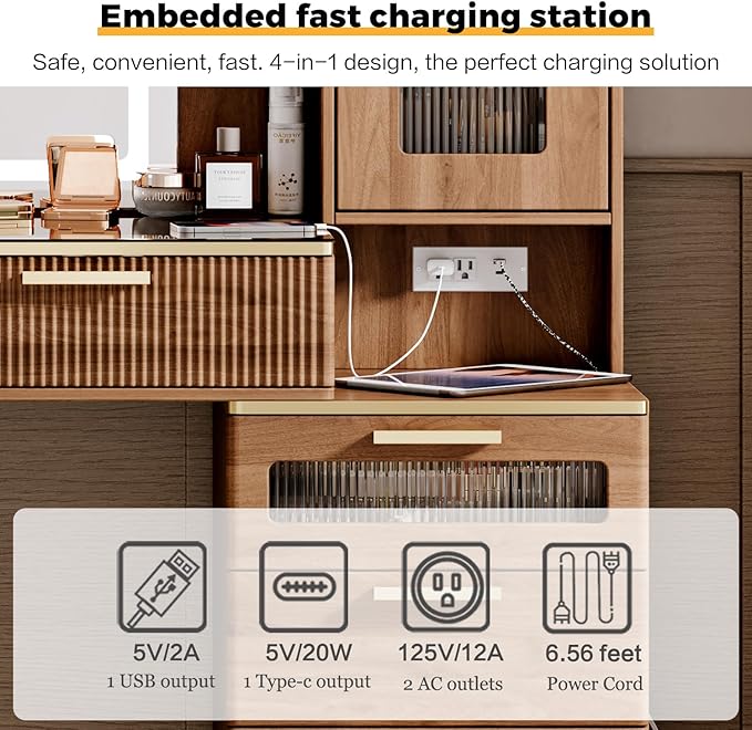 Vanity Desk with 29.53" HD Lighted Mirror, 47.24" Big Modern Vanity Desk with Mirror and Lights, Makeup Vanity with 5 Drawers and Storage Shelves and Charging Station,Brown