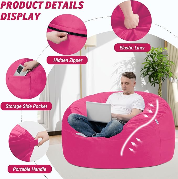 3FT Bean Bag Chair with Ultra Soft Velvet Cover Bean Bag Sofa with Memory Foam Bean Bag Chairs with Large Size Lazy Sofa for Dorm Office Living Room Bedroom Hot Pink 3'