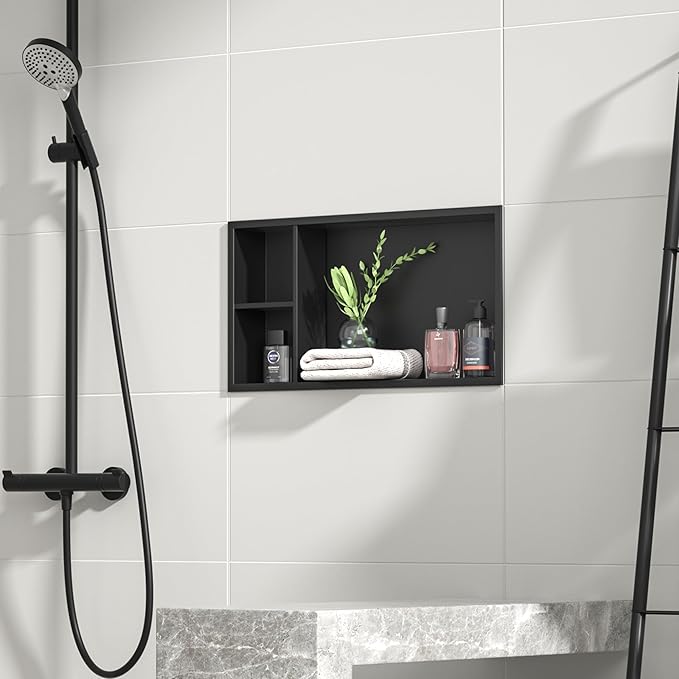 Stainless Steel Shower Niche 24" X 12" Matte Black No Tile Needed Horizontal Niche Shower with Shelf Recessed Wall Niches for Bathroom Storage