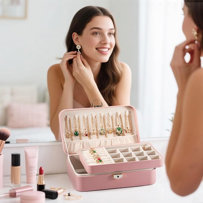 Travel Jewelry Case With Lock, 2-Layer PU Leather Jewelry Box for Women, Ring Box and Jewelry Organizer, Large Jewelry Travel Case,Best Gifts for Women for the Holidays(Pink)