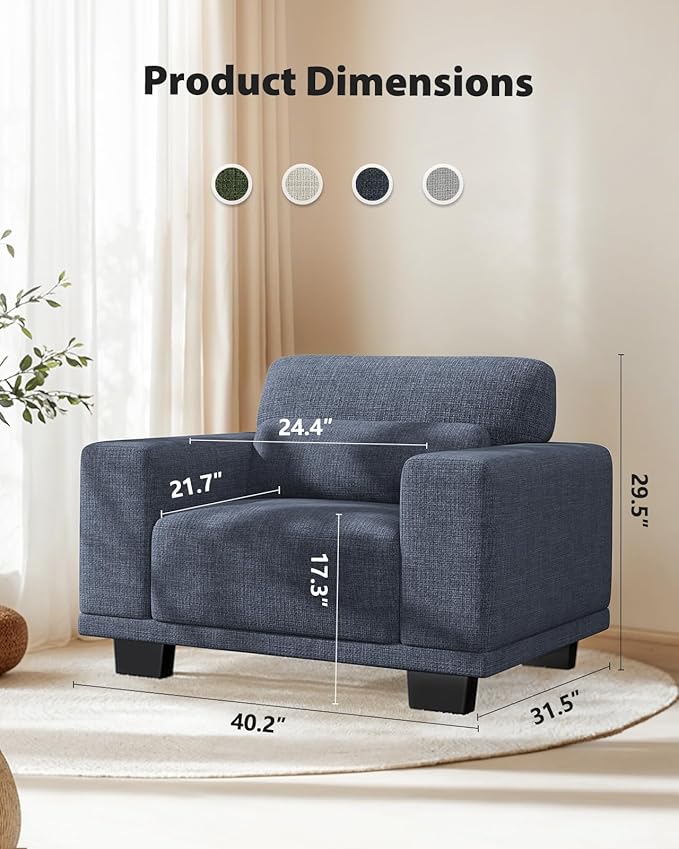 Pipishell Modern Accent Chair, Oversized Armchair with Thick Cushion & Wide Seat Armrests, Reading Chairs Comfy Arm Chair, Removable Sofa Cushion and Cover,Easy to Install, Blue