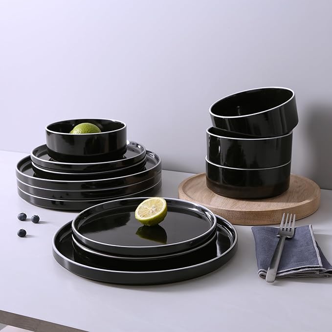 Famiware Nebula Plates and Bowls Sets for 4, 12 Pieces Stoneware Dinnerware Set, Microwave and Dishwasher Safe Dishes Set, Black with White Rim