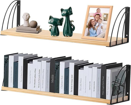 Floating Book Shelves for Wall,7.87" D x 31.5"" W Book Shelf for Wall Set of 2,Wood Shelves for Wall,Long Rustic Unfinished Floating Shelves for Wall,Office,Bedroom - No Stain - Natural Unfinished