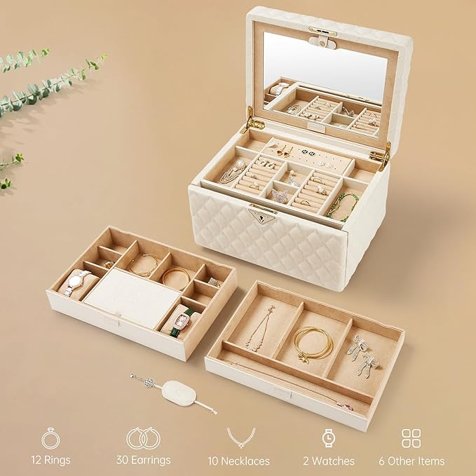 Vee Jewelry Box, 3-Layer Jewelry Case Diamond Quilted Leather Jewelry Organiser with Drawers,Jewelry Storage with big Mirror,Multipurpose Use with Key Lock,Gift Idea (beige, Large-13.39*10.04*8.66in)