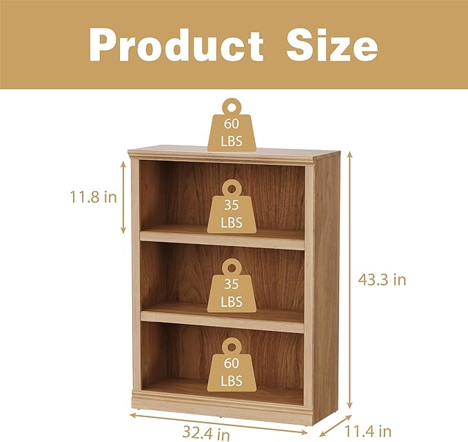 blini 3-Shelf Bookcase Wooden Bookshelves 33in Wide Floor Standing Display Storage Shelves Oak Bookcase for Home Office, Living Room, Bed Room