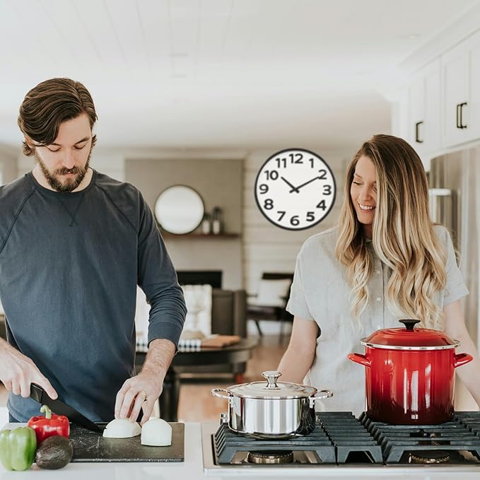 16 Inch Wall Clock Battery Operated Modern Simple Large Wall Clocks for Living Room Kitchen Office, Black/White, Big 3D Numbers