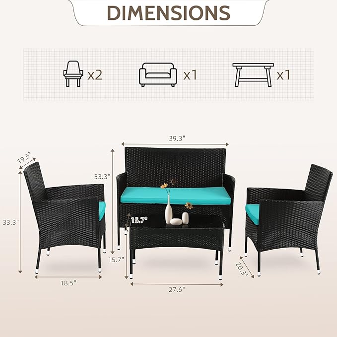 FDW Rattan Furniture Wicker Chair Patio Bristo Set for Outdoor Indoor Use with Loveseats Coffee Table,Blue Cushion, 4-Pieces