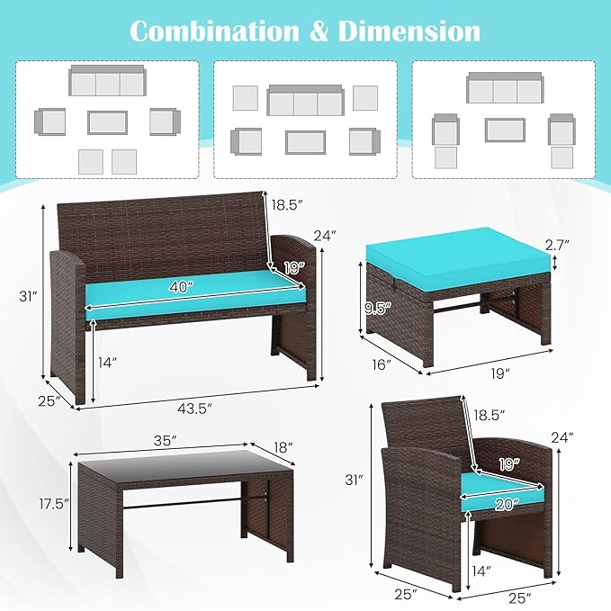 Tangkula 6 Pieces Patio Furniture Set, Outdoor Sectional Conversation PE Rattan Sofa Set with 1 Loveseat, 1 Coffee Table, 2 Armchairs and 2 Ottomans for Garden, Deck, Backyard and Poolside (Turquoise)