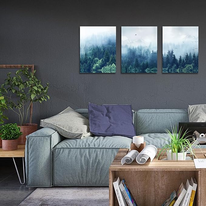 Arjun Forest Wall Art Misty Indigo Blue Landscape Canvas Painting Mountain Pine Tree Nature Birds Pictures Scenery Framed for Living Room Bedroom Bathroom Home Office Wall Decor, 12"x16"x3 Panels