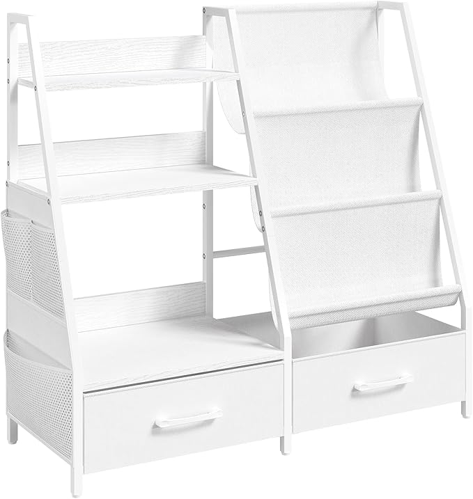Kids Bookshelf and Toy Storage,3-Tier Sling Bookcase for Kids,Sturdy Toddler Bookshelf for Nursery,Playroom, Bedroom,White KBWT8401