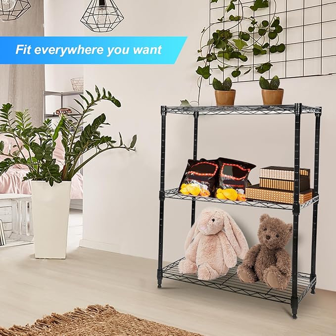 Whitmor 3 Tier Storage Shelves, Heavy Duty with Wheels, Adjustable Wardrobe Rack, 400 lbs Capacity per Shelf, Max 1200 lbs Total for Kitchen, Bathroom, Garage, 24" L x 14" W x 30.5" H, Black