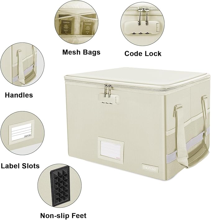 ENGPOW File Box with Lock,Fireproof Document Box with Zipper Lid,Collapsible File Storage Organizer Filing Cabinet with Handles,Portable Home Office Safe for Hanging Letter/Legal Folders,Beige,2 Pack