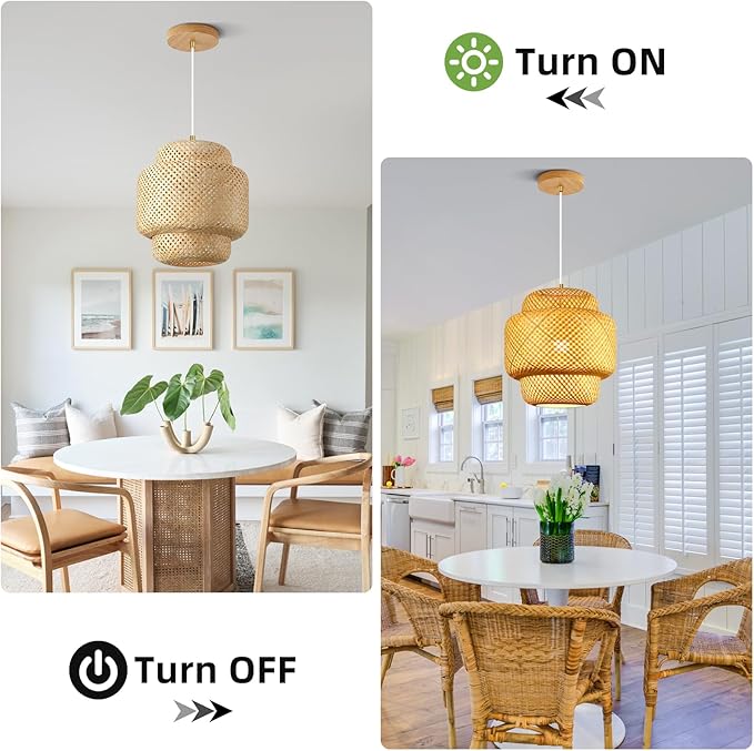 11.8inch Bamboo Pendant Light, Boho Chandelier Hand-Woven Wicker Rattan Hanging Ceiling Lighting, Rustic Farmhouse Pendant Lamp for Kitchen Island, Dining Room, Bedroom, Living Room, Foyer