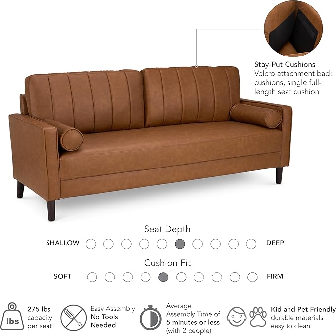 Bush Home 77-inch Sofa, Living Room Furniture, Max Collection, Buffed Camel Vegan Leather