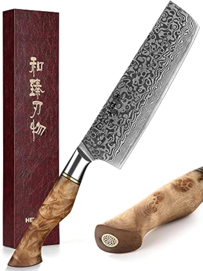 HEZHEN 7 inch Nakiri Knife Japanese High Carbon Steel-Super Durable Cooking Knife-67 Layers of Damascus Steel Sharp Blade -Ergonomic Design for Figured Sycamore Wood Handle