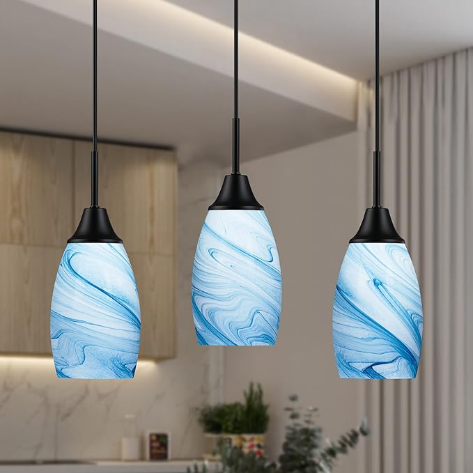 Mini Glass Pendant Light 4.72" with Handblown Blue Marble Art Glass Hanging Light 3-Pack Oval Ceiling Hanging Light Fixture for Dining Room Kitchen Island Cafe Foyer Hallway