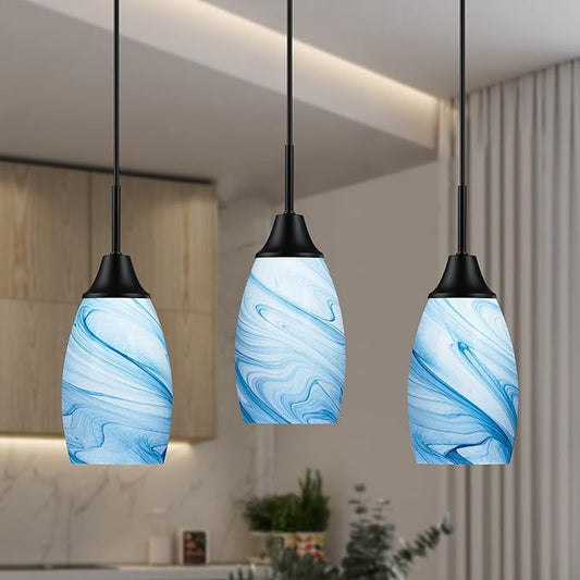 Mini Glass Pendant Light 4.72" with Handblown Blue Marble Art Glass Hanging Light 3-Pack Oval Ceiling Hanging Light Fixture for Dining Room Kitchen Island Cafe Foyer Hallway