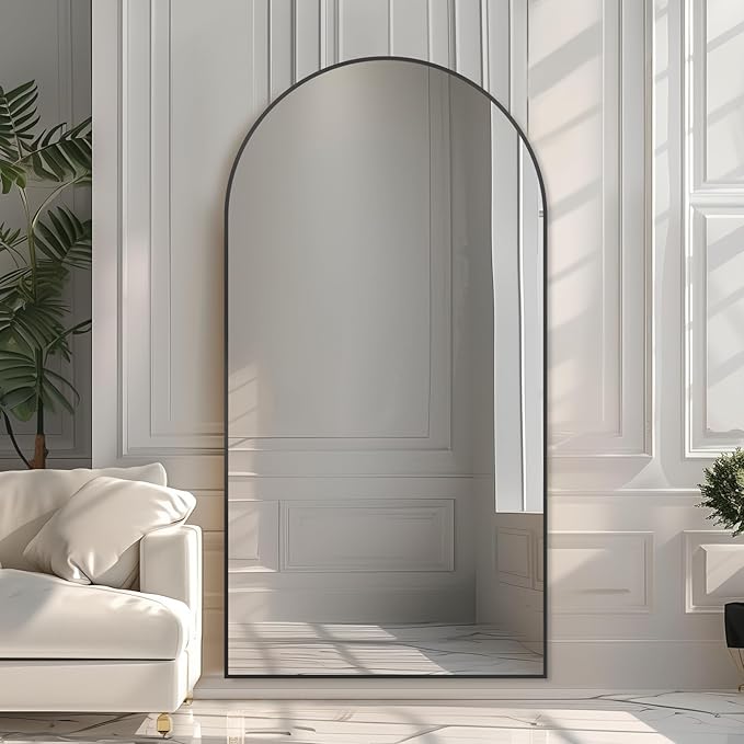 Beauty4U 76" x 34" Large Arched Full Length Mirror with Stand, Black Wall Mounting Full Body Tempered Mirror, Metal Frame Full-Length Mirror for Living Room, Bedroom