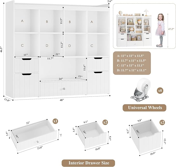 HORSTORS 48"W Kids Toy Storage Organizer, Large Toy Storage Chest with Removable Bins, 46"H Kids Bookshelf and Bookcase with Drawers for Boys and Girls, Modern Toy Box for Playroom, Classroom, White