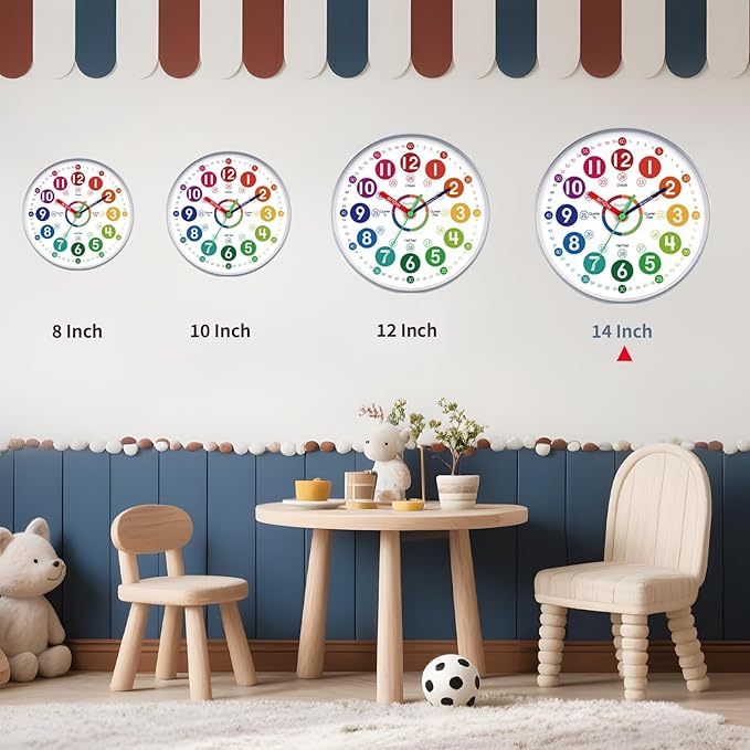 Learning Clock for Kids 14 Inch Large Learning to Tell Time Easily Colorful Teaching Time Clock Silent Non Ticking Battery Operated Decorative for Kids Room Classroom School Bedroom