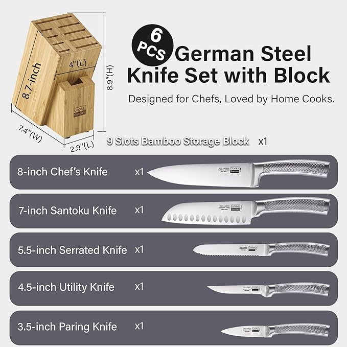 Cooks Standard Kitchen Knife Set with Block 6-Piece, Stainless Steel Forge High Carbon German Blade with Expandable Bamboo Storage Block for Extra Slots, Silver