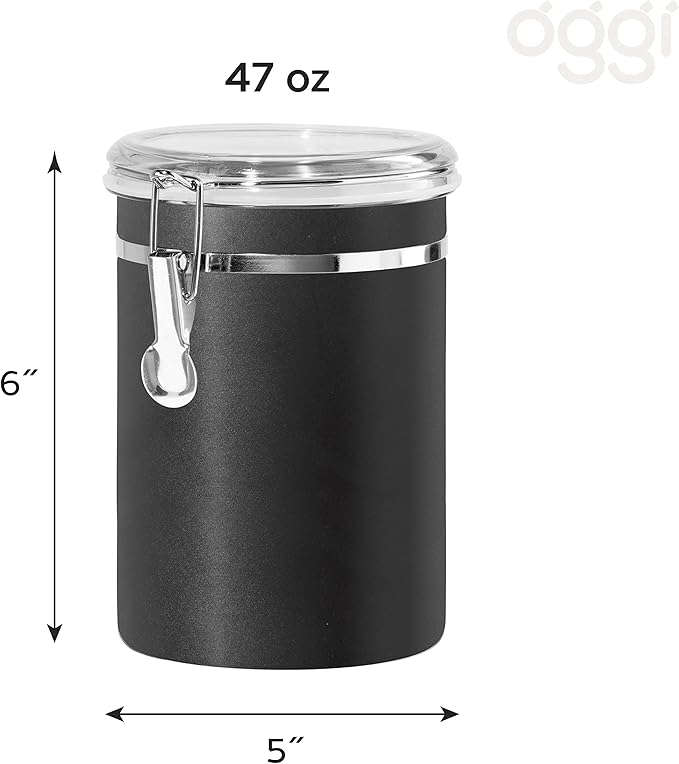 Oggi Stainless Steel Kitchen Canister 47 fl oz, Black - Airtight Clamp Lid, Clear See-Thru Top - Ideal for Kitchen Storage, Food Storage, Pantry Storage. Large Size 5" x 6".