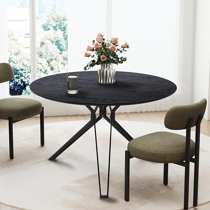 DUOMAY 47'' Round Dining Table for 4-6 Person, Mid-Century Modern Solid Wood Dining Room Table, Dinner Table with Intersecting Pedestal Metal Base for Kitchen, Office, Living Room, Black