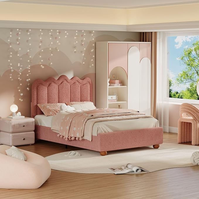 Full Size Bed Frame with Headboard, Boucle Bed Frame, Soft Upholstered Platform Cloud Bedframe with Footboard, Solid Wood Legs, Solid Wooden Slats Support, No Box Spring Required, Easy Assembly, Grey