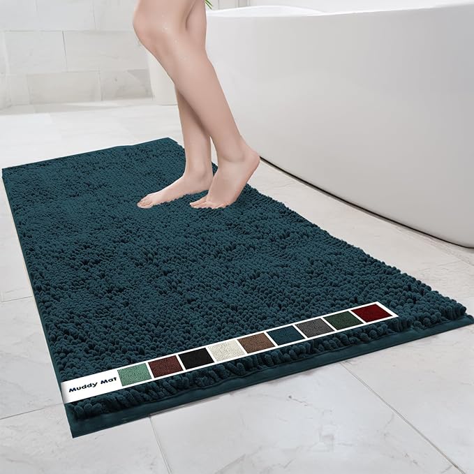 Muddy Mat Chenille Bathroom Rugs Quick Dry Microfiber Mats Non Slip Washable, Extra Thick, Soft and Highly Absorbent Bath Mats for Bathroom, Kitchen, and Shower Floor - Atlantic Blue XL 59"X35"