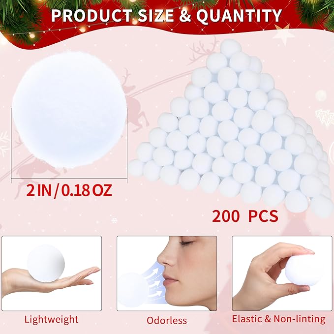 200 PCS Indoor Snow Balls, Soft Fake Snow Balls, Artificial Toss Ball fot Parent Child Interactive Props, Christmas Decorations Party Supplies Winter DIY Home Indoor Outdoor